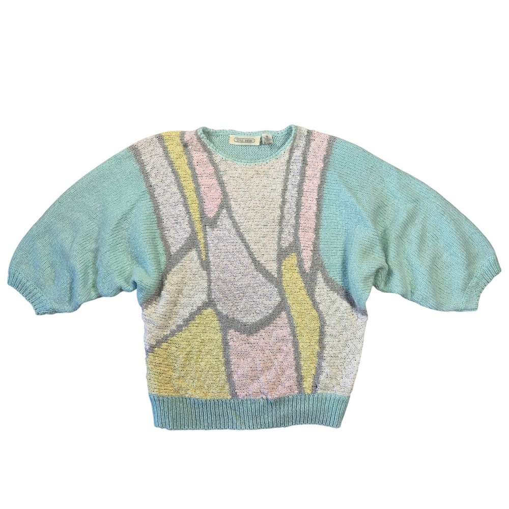 Vintage Style Impax 80s Pastel Colorblock Abstract Knit Sweater Short Sleeve 40